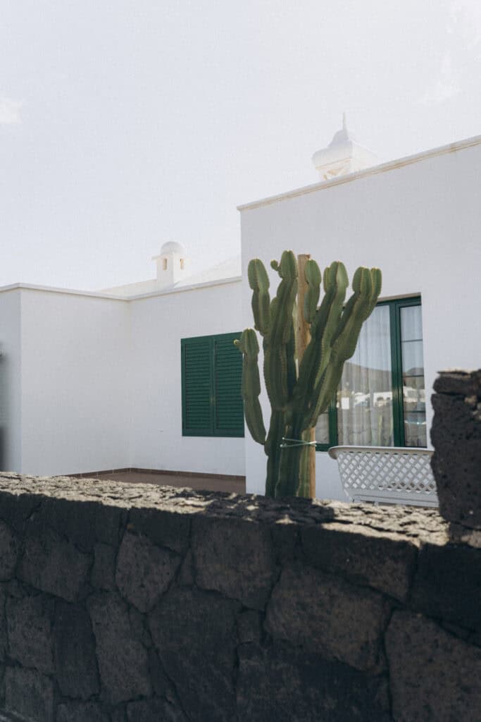Veronika Haas vor weißem Haus mit Kaktus auf Lanzarote, passend zum Thema intimes Strandengagement.
