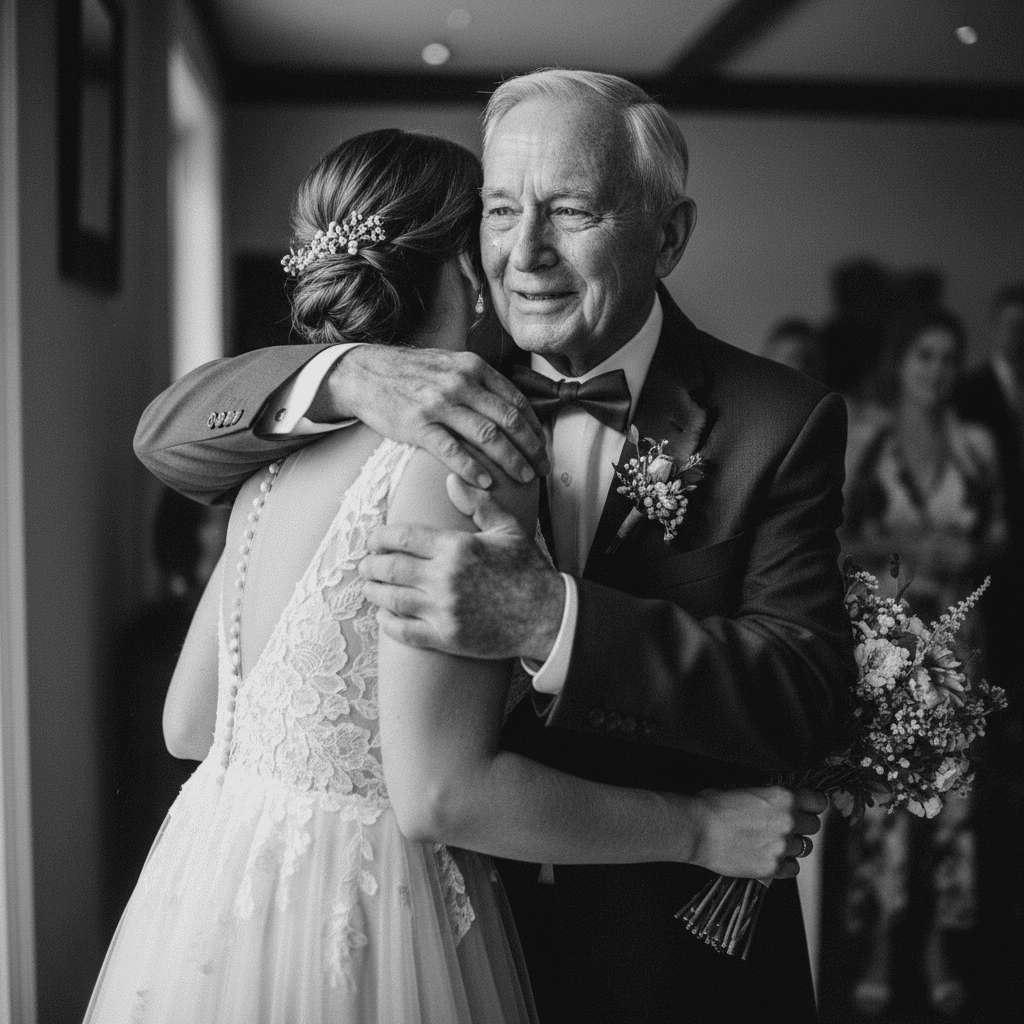 Braut umarmt ihren Vater bei der Hochzeit, emotionaler Moment.